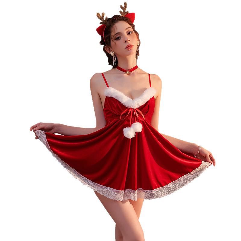 Velvet Red Christmas Lingerie Nightdress for Festive Role Play and Halloween Cosplay