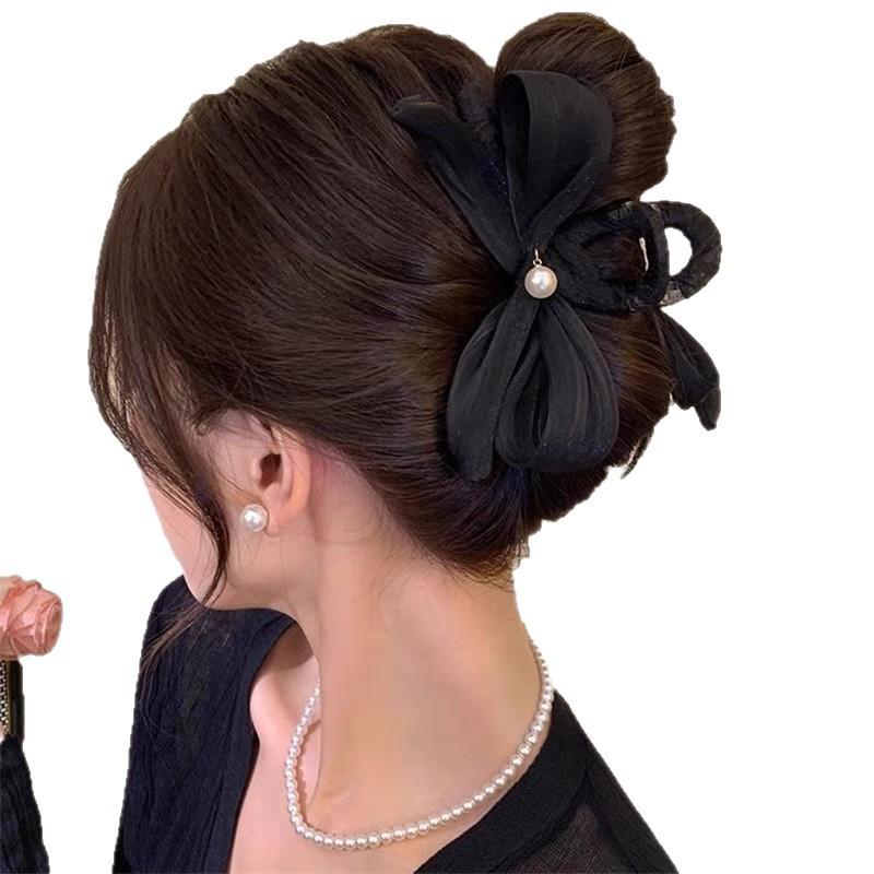 High End Satin Large Grip Clip for Women, Light Luxury Pleated Back of The Head Clip, Shark Clip, Headband Hair Clip  Bow чёрный