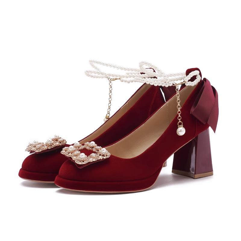 

Модные французские каблуки квадратный носок 2025 новые туфли Мэри Джейн для девочек с открытым носком 40 вино красного