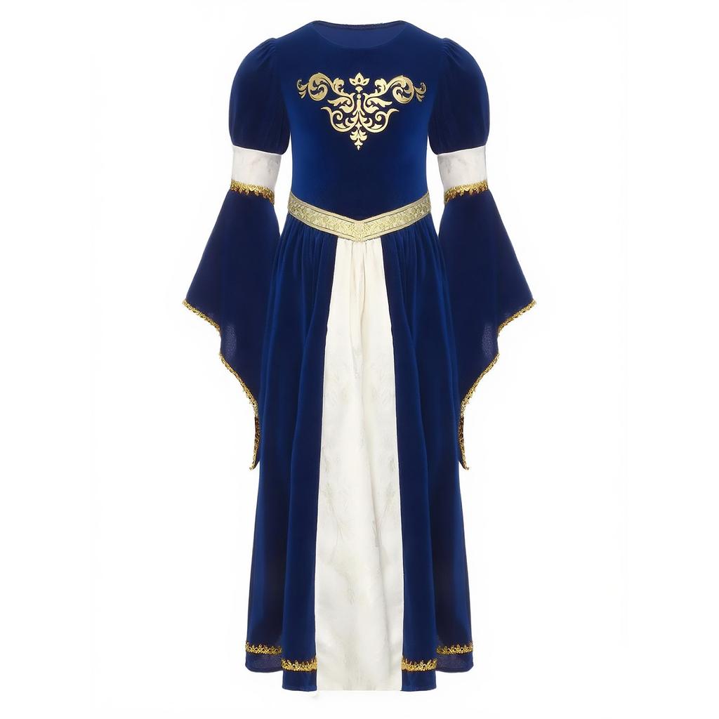 Dívčí středověký kostým princezny Patchwork Kulatý výstřih Zvonové rukávy Zlatý potisk Volánkový lem Dlouhé šaty