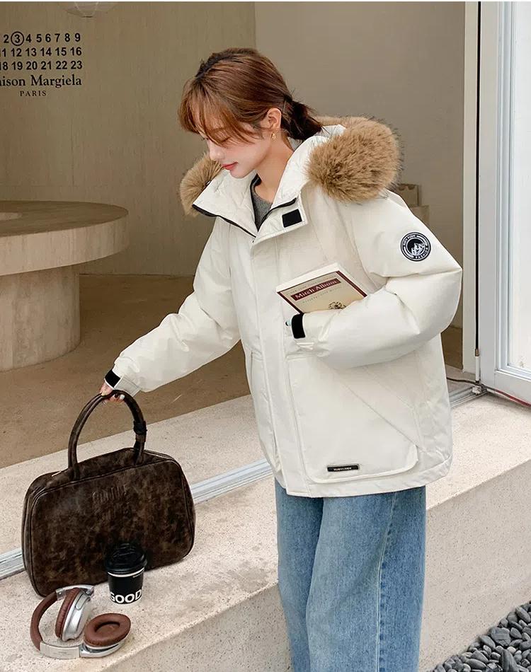 Damekåpe for høst og vinter Ensfarget Hette Pelskrage Kort Løs Fortykket Vindtett Fasjonabel Damejakke