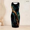 Women Plus Size Two Piece Set Sleeveless Bodycon Dress Long Sleeve Draped Cardigan Printed Black Teal Gold
