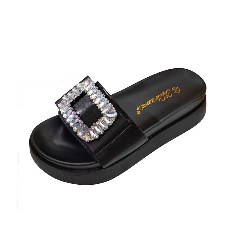 5cm thick-bottomed cool slippers fashionable rhinestone one-word muffin bottom non-slip flat bottom summer new versatile vacation style