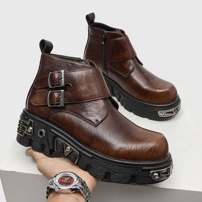 Herren High-Top Stiefel Amerikanischer Retro Old Rock Kurzer Stiefel Punk Stil Großer Kopf Herren Plateau-Stiefel Fad Gürtelschnalle Lederstiefel