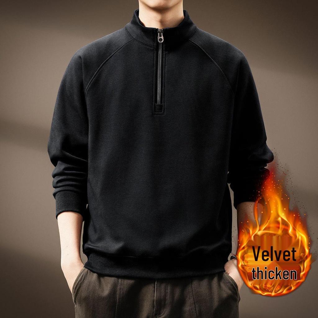 Men's Retro Half-Zip Heavyweight Hoodie - Winter Velvet, Loose Fit, Stand Collar, Large Size.