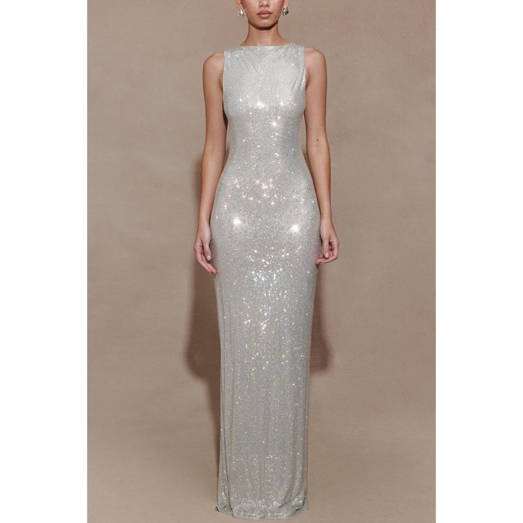 Women's Sleeveless Sequined Back Slit Sexy Dinner Party Evening Gown Dress  for European American Cocktail Event