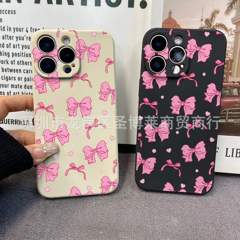 Pink Bow for iPhone15 Mobile Phone Case 14PROMAX All-inclusive 13 Anti-drop 16/15 Protective Case 17