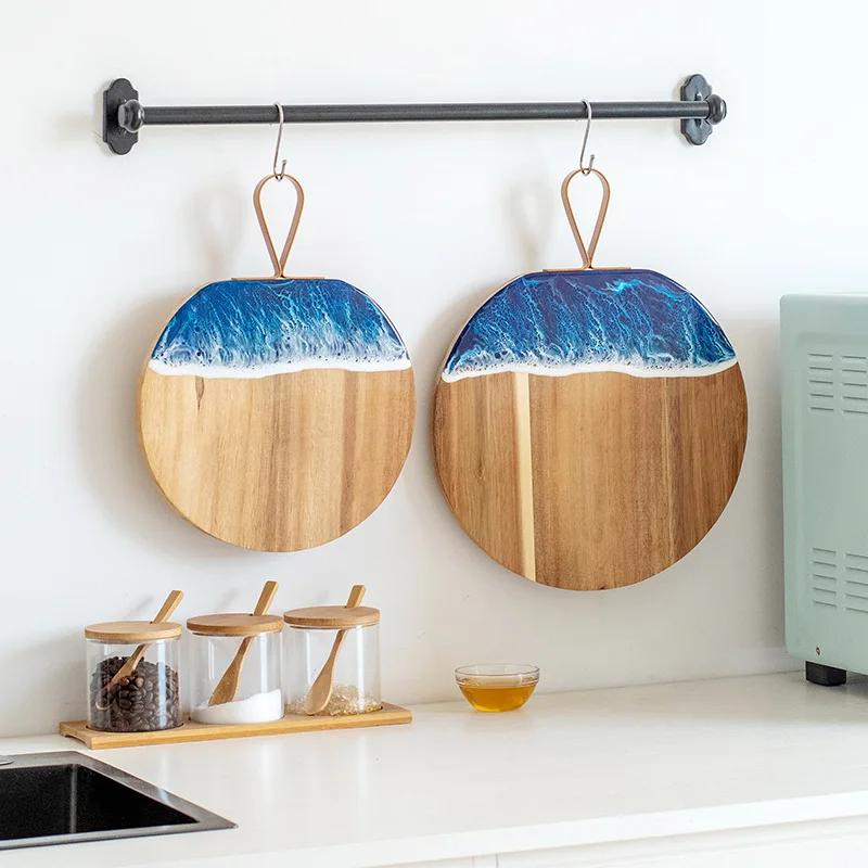 Wood and Resin Cutting Board Blue Ocean Wave Charcuterie Boards for Meat Round Epoxy Resin Wood Chopping Board Bread Cheese Tray