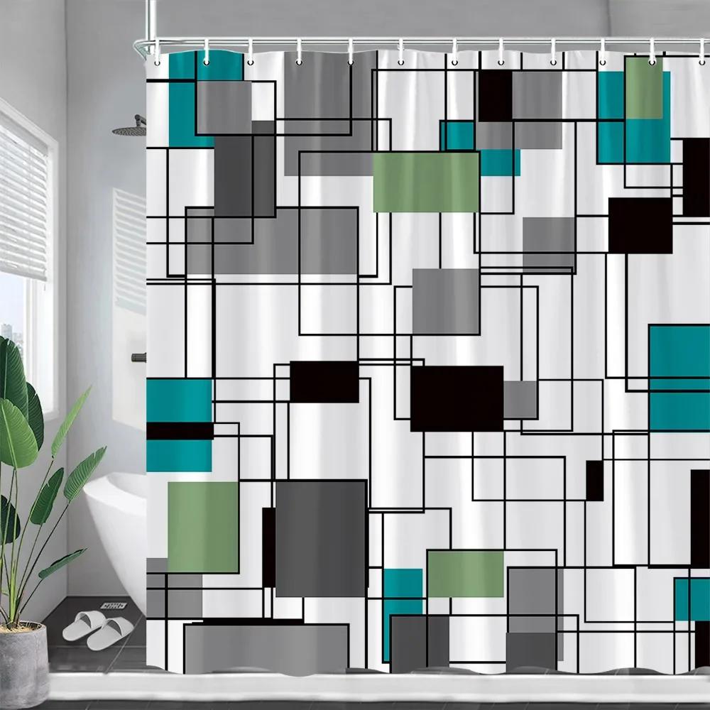 

Creative Geometric Shower Curtains Blue Red Yellow White Splicing Black Lines Modern Minimalist Cloth Curtain Bathroom Decor Set W60H190(CM)-1 Pcs