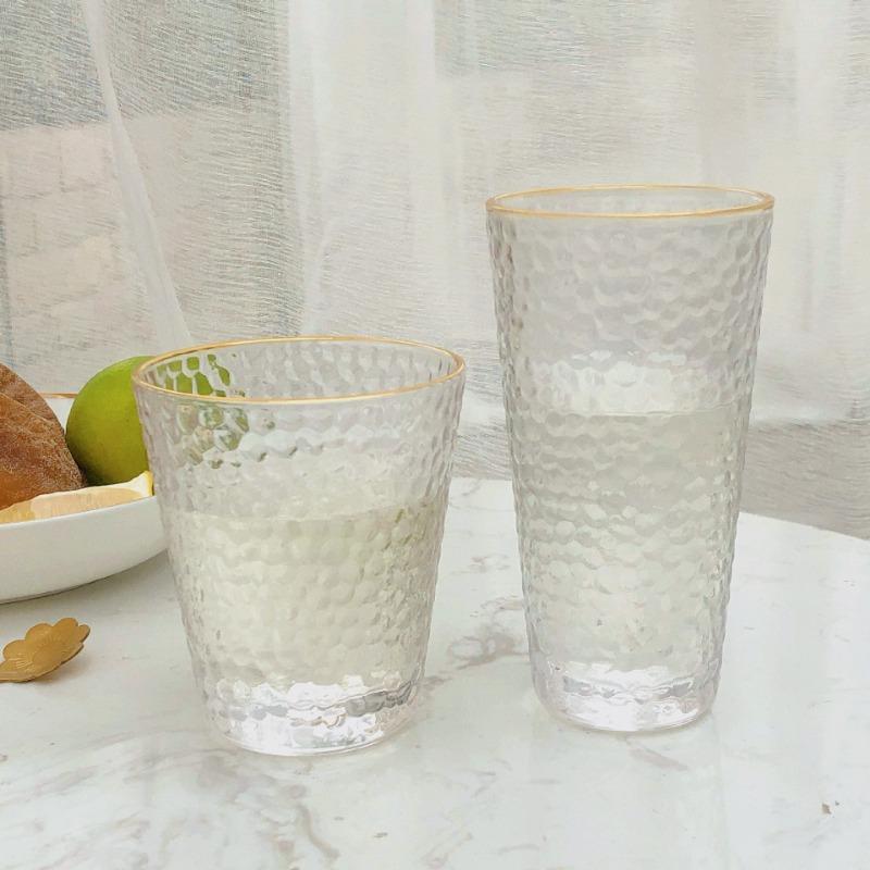 330ml/340ml Golden Edge Painted Glasses Embossed Glass Juice Cup Milk Cup Transparent Water Cup Creative Hammer Pattern Cups