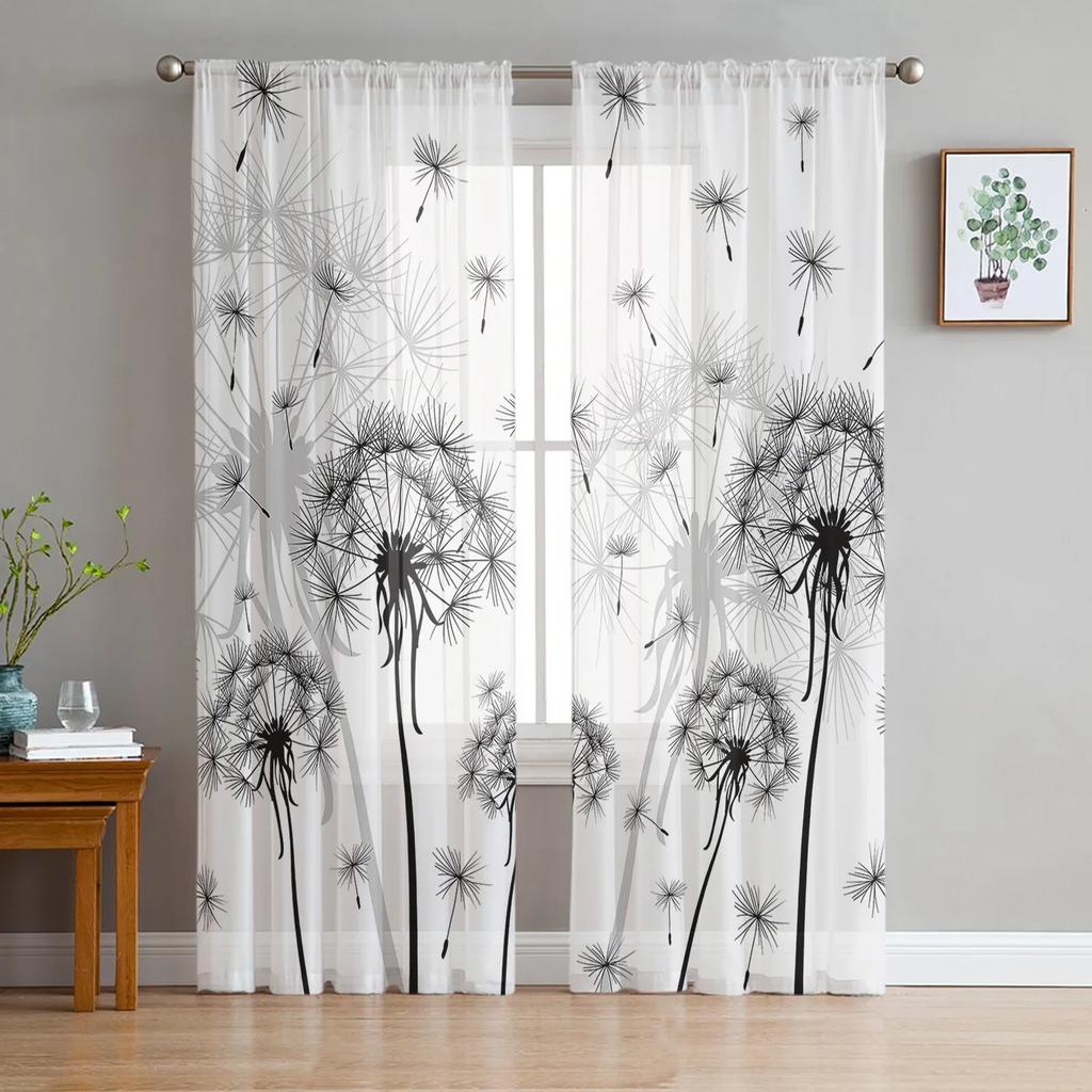 Black And White Dandelion Plant Sheer Curtains for Living Room Decoration Window Curtain Kitchen Tulle Voile Organza Drapes