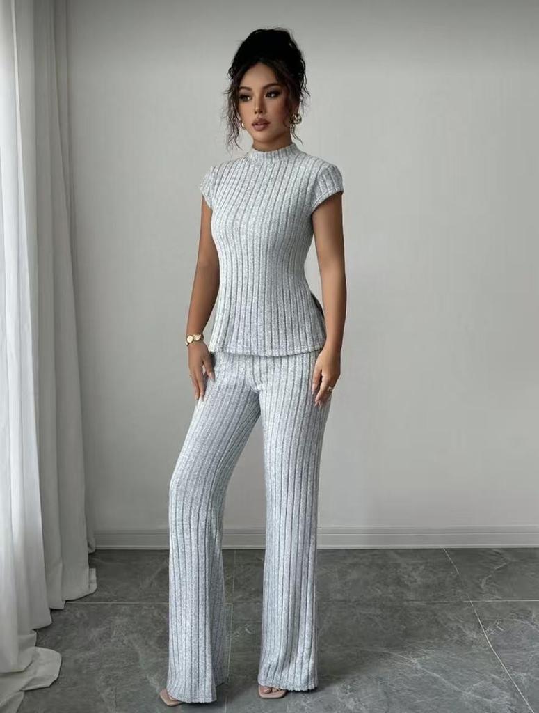 European Women's Solid Color Short-sleeve T-shirt & Ribbed Pants Set - 2025 Style