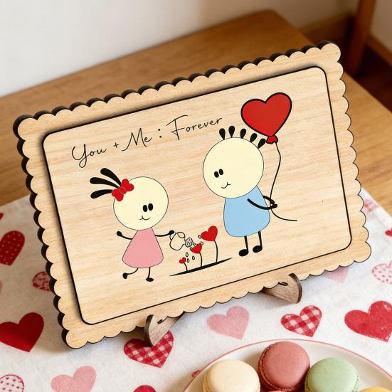 Wooden Couple Table Sign with Stand Farmhouse Rustic Cartoon Couple Ornament Valentine's Day Anniversary Wedding Party Decoration