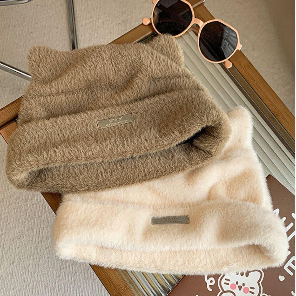 Letter Knitted Cap Fluffy Winter Plush Hat Personality Cat Ears Hat Female/Girls