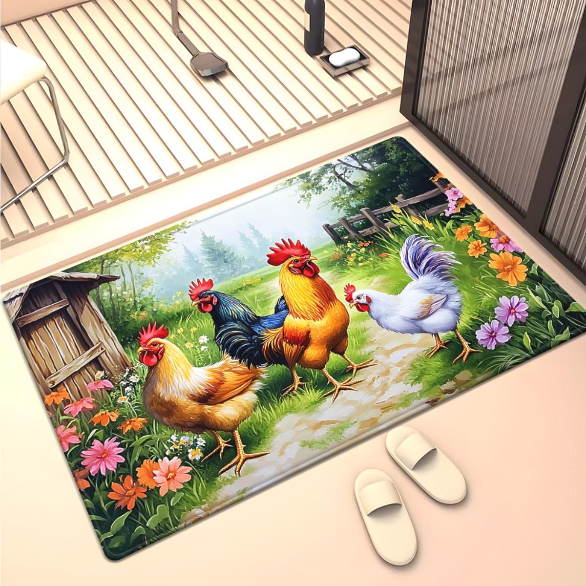 

Farmyard Chickens Scene Crystal Velvet Rug Rustic Country Theme Living Room Decor Colorful Animals Print Soft Floor Mat for Home 50x80cm