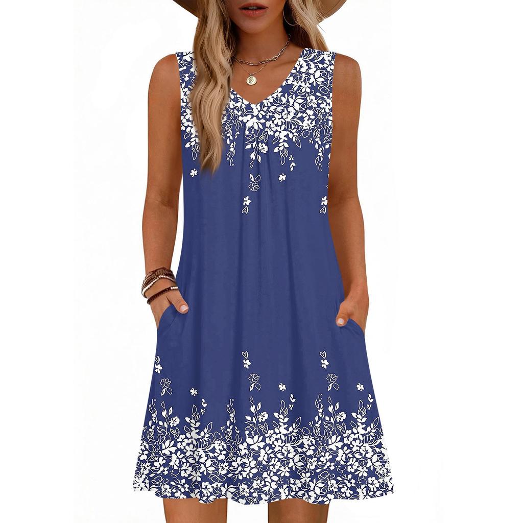 Women's Fashion Printed Summer Sleeveless V-neck Tank Top Pocket Casual Loose Dress