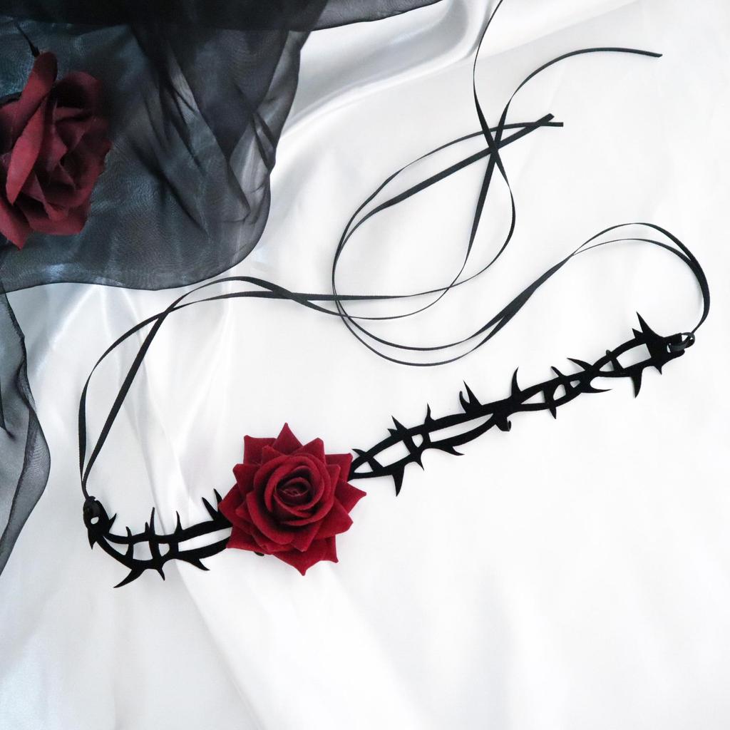 European & American Dark Night Red Rose Thorn Choker Necklace for Women - Halloween Cosplay