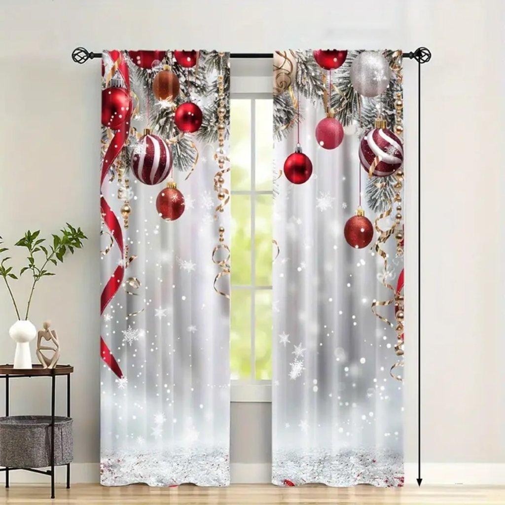 2pcs Red Christmas Digital Print Curtain, 100% Polyester Semi-shading Curtain For Bedroom, Living Room & Home Decor