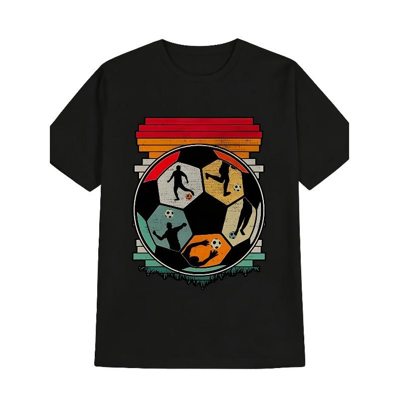 

European sizes Men s Casual Round Neck T-Shirt, Black Football Six-Color Hexagon Red Print Pattern Men s Top, Men s Gift Extra Long PlusSize 2XL чёрный