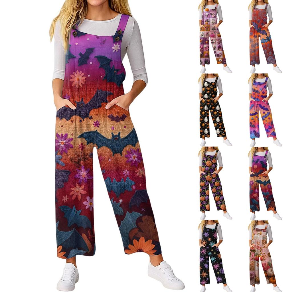 Women’s Loose Casual Sleeveless Jumpsuit Halloween Printed Jumpsuit Printed Jumpsuit