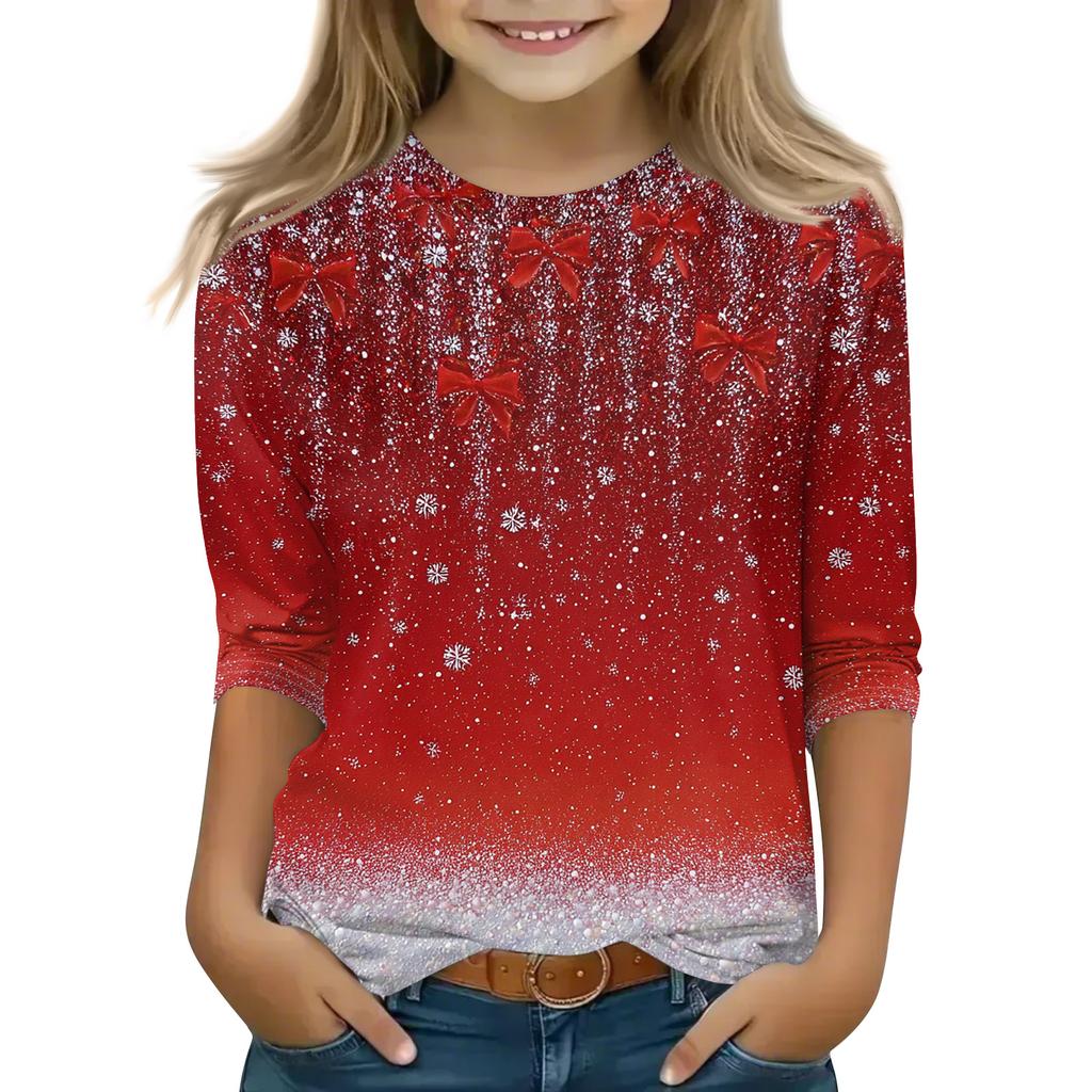 Christmas Day Print Tops For Youth Girls 4-11 Years Round Neck 3/4 Sleeves T-Shirts Trendy Tops Outfit Tees
