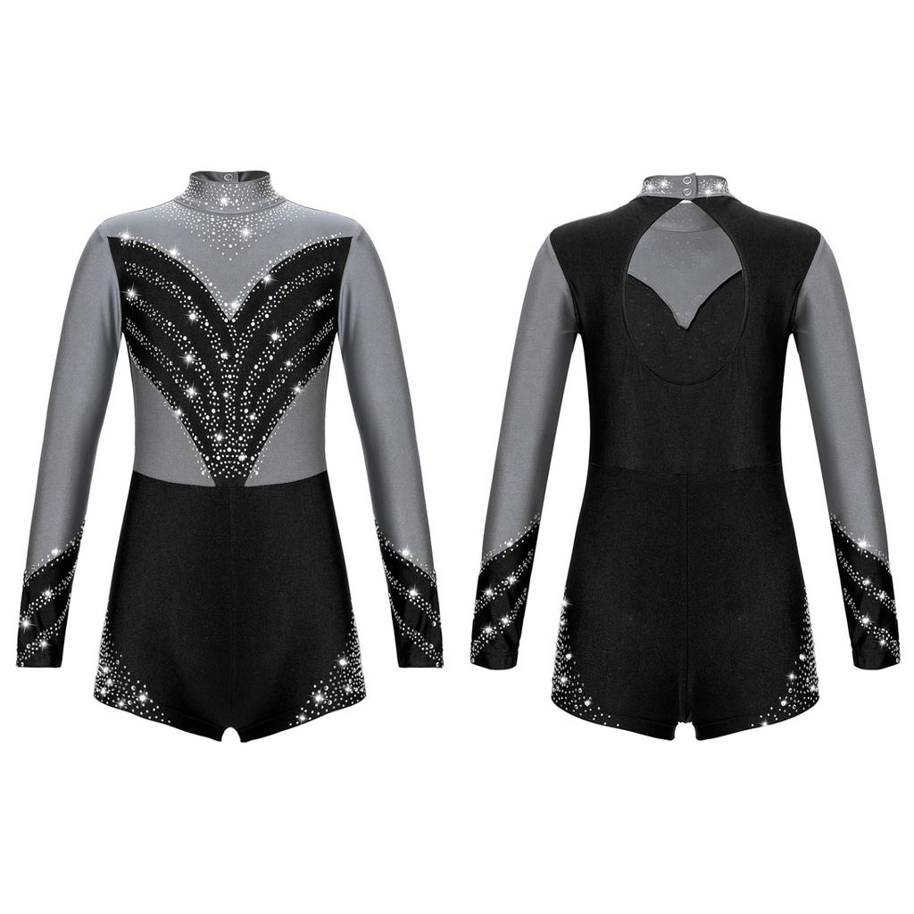 Kids Girls Stylish Clothing Long Sleeve Stand Collar Shiny Rhinestone Decor Contrast Color Gymnastic Dance Jumpsuit