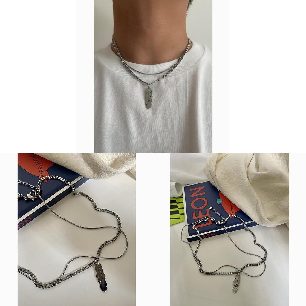 Titanium Steel Feather Pendant Necklace For Men And Women With Geometric Design Fashion Accessory