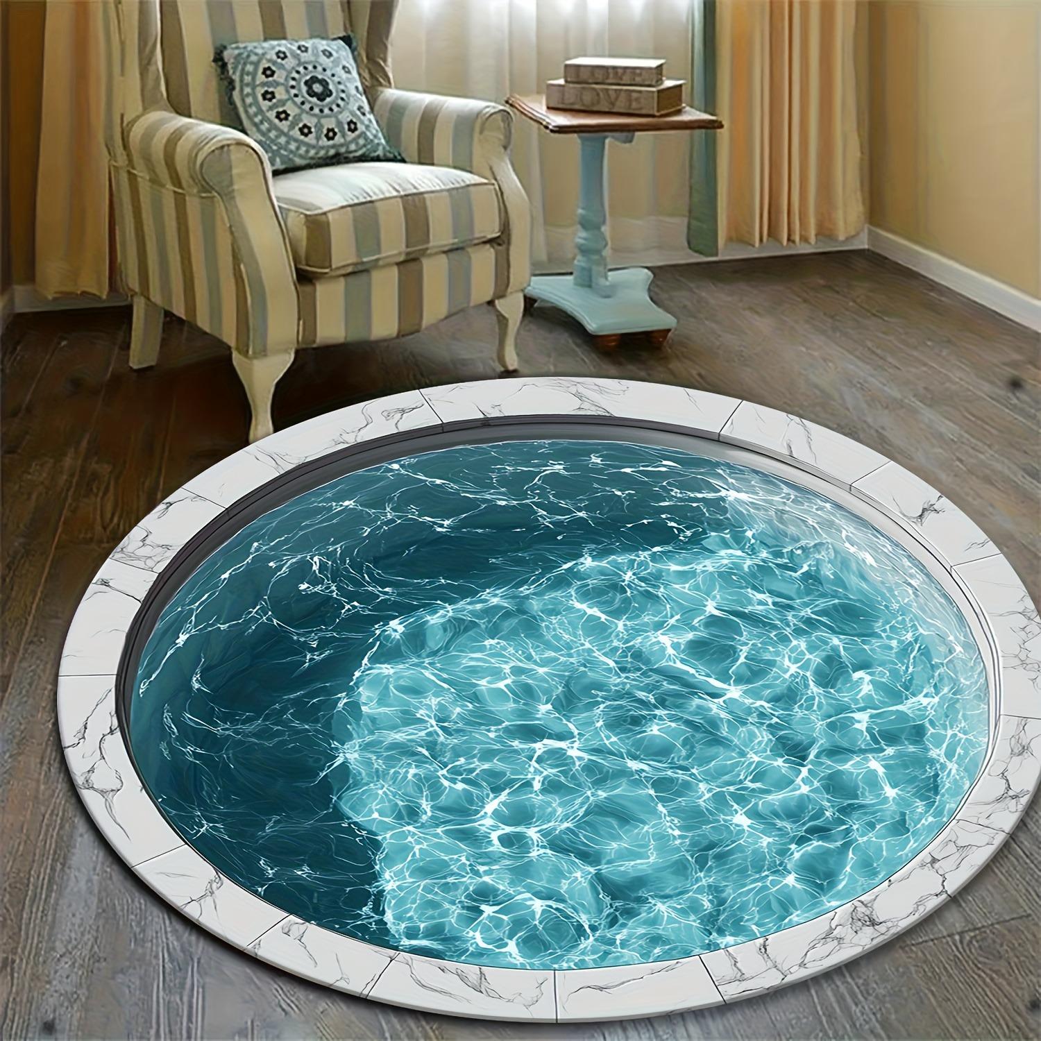 Large Round Turquoise Blue and White Swimming Pool Design Mat - Luxurious Spa Floor Mat for Bathroom, Bedroom 80X80CM