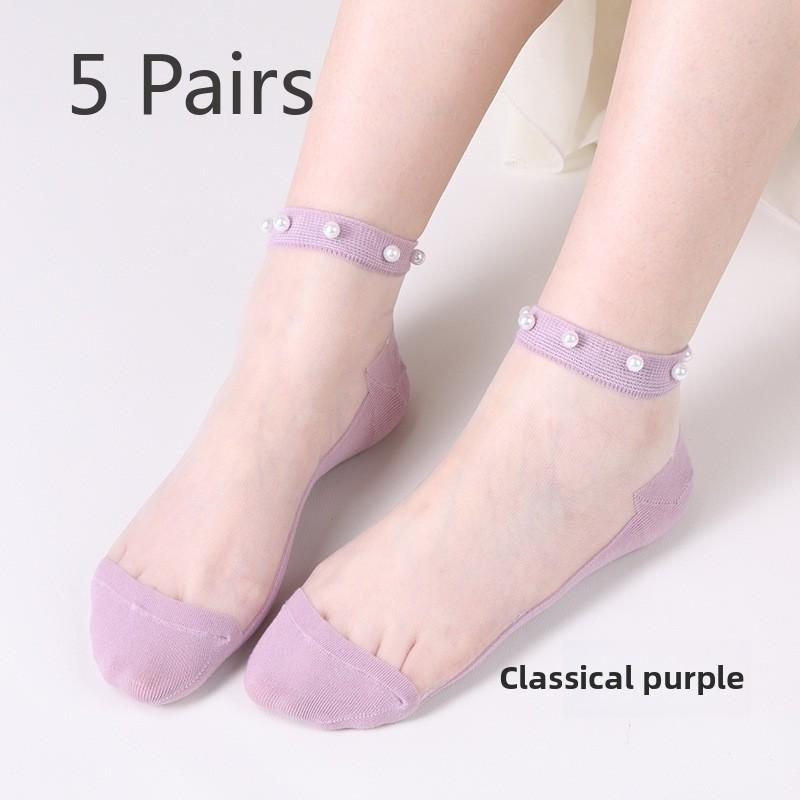 5 Pairs Pearl Socks Women's Socks Light Lace Summer Thin Mesh Transparent Glass Silk Crystal Socks