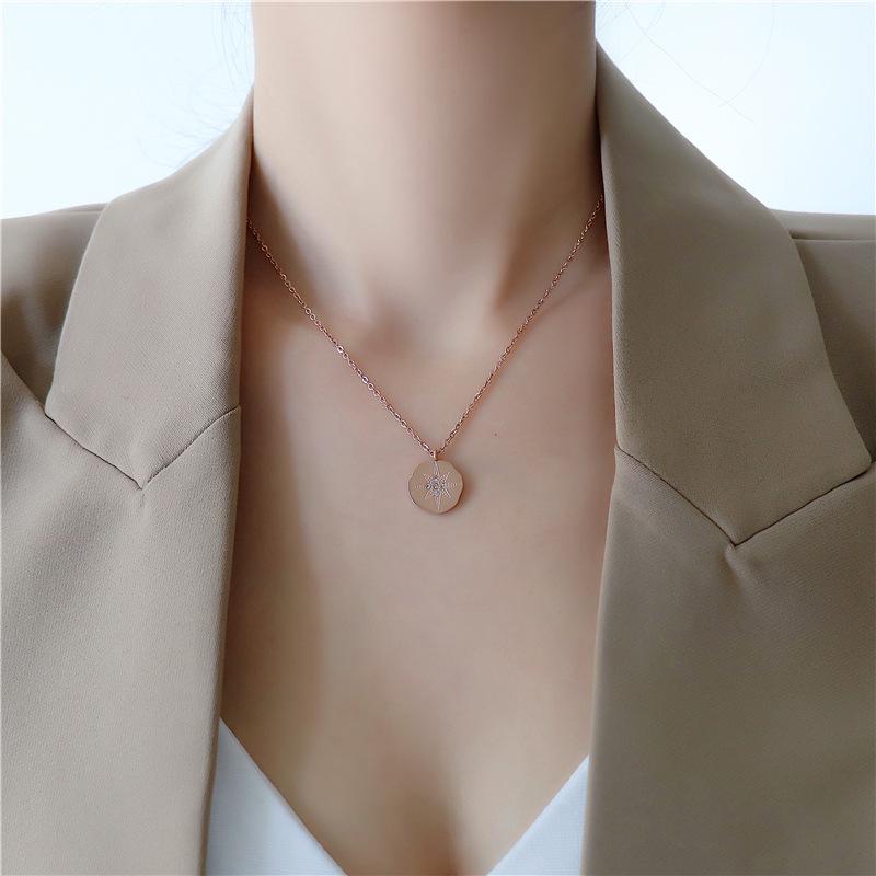 Elegant Eight-Pointed Star Titanium Steel Necklace with Diamond Inlay for Women