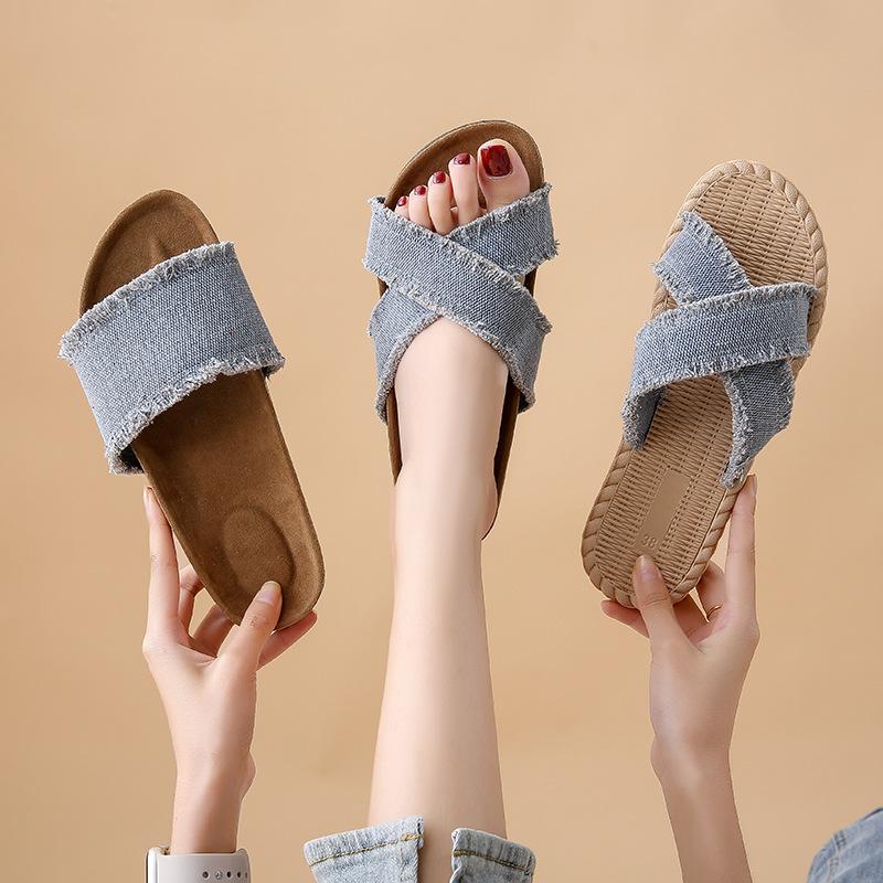 2025 Foreign Trade Slippers Women Wear Denim Cross-double Buckle Beach Sandals and Boken Soft Slippers