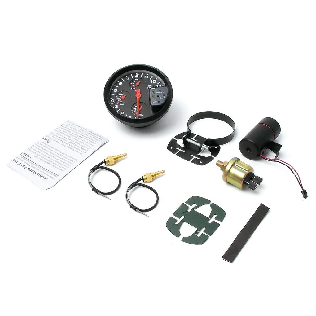 12V 5" Car Gauge 4-in-1 Tachometer Water Temperature Oil Temperature Oil Pressure Gauges Multifunctional Gauge Alarm Function