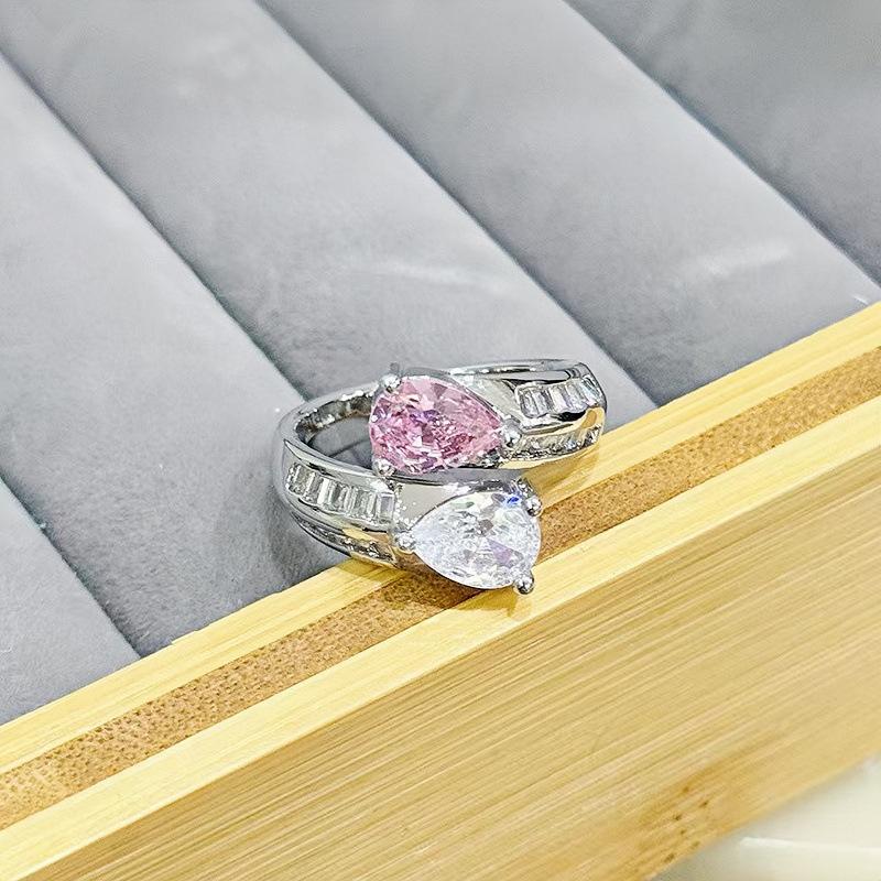 Fashion Cross Double-Row Pink And White Zir*****Pening Adjustable Ring Temperament Color Treasure Exquisite Niche High-End Ring