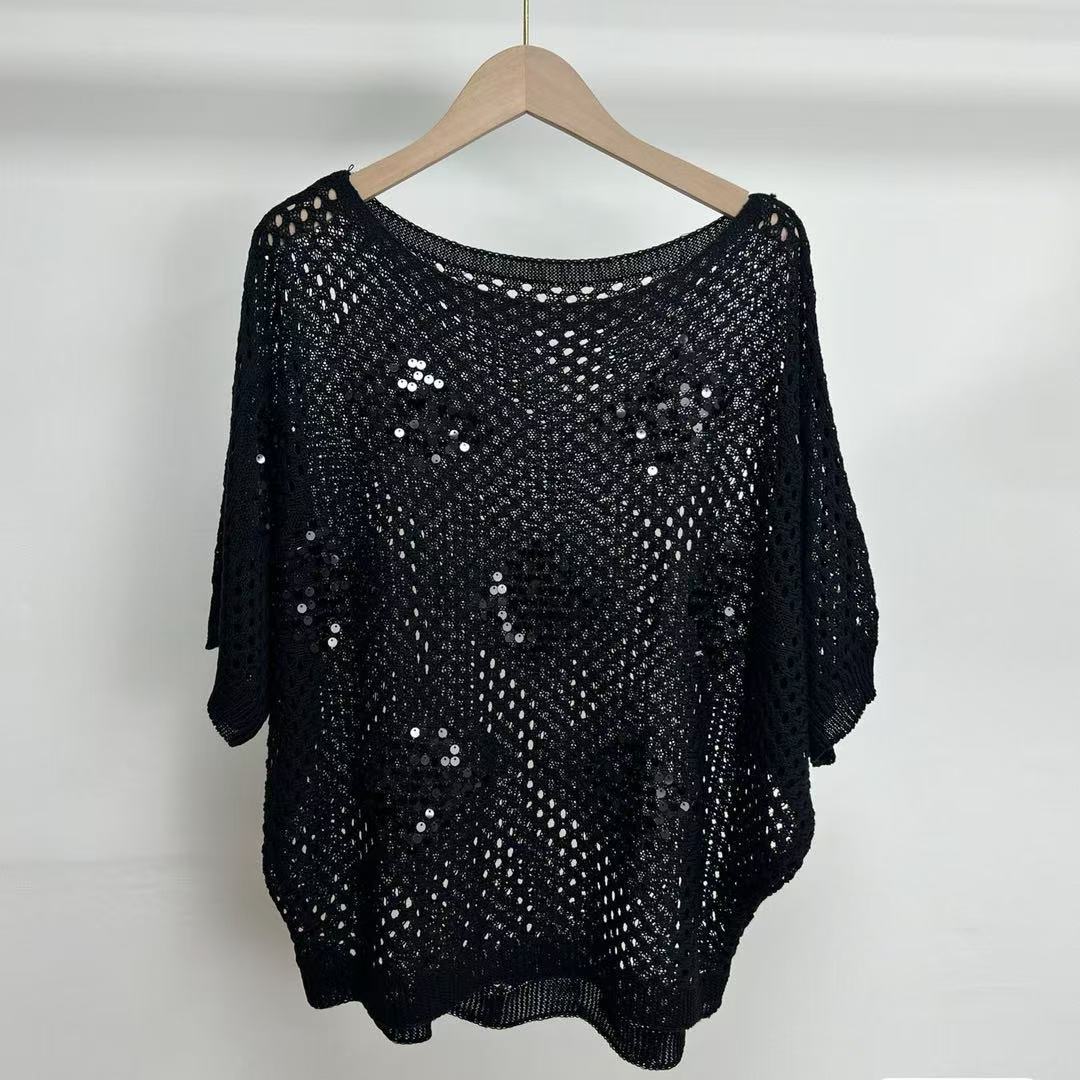 Лето Осень Женский Шикарный Ажурный Блестящий Трикотажный Свитер Пуловер Футболка One Size