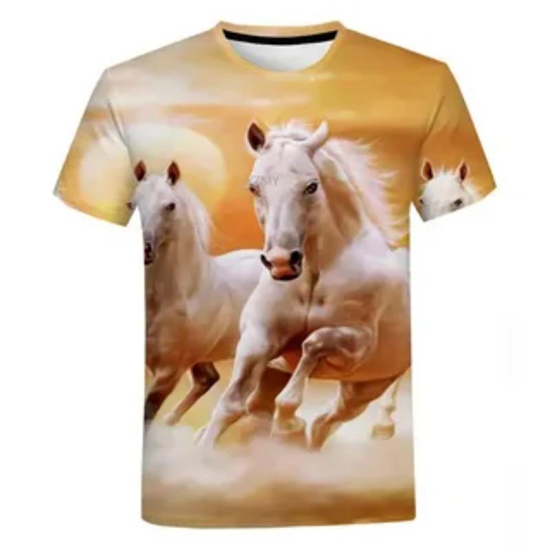 Summer Comfortable Fashionable 3D Printed Horse Pattern Round Neck Kids Clothes Fashion Casual Tops Soft Girls Creative Colorful T-Shirt