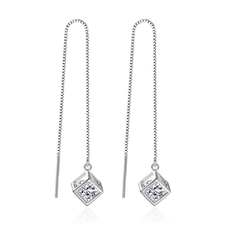 Sleek Minimalist Fashionable For Women Stylish Long Chain Tassel Earrings Korean Style Aaa Cube Pendant Drop Earrings JewelrySimple Chain