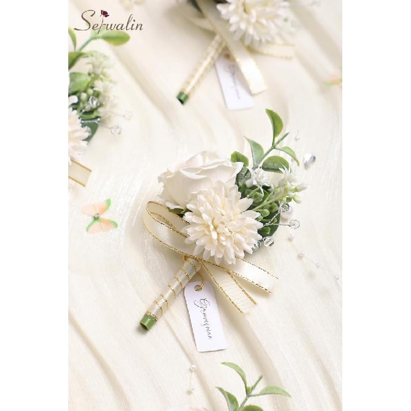 Serwalin 2 Pcs White Boutonniere for Men, Groom Groomsmen Best Man Guest Boutonnieres, Artificial Flowers Silk Rose for Wedding Prom Ceremony