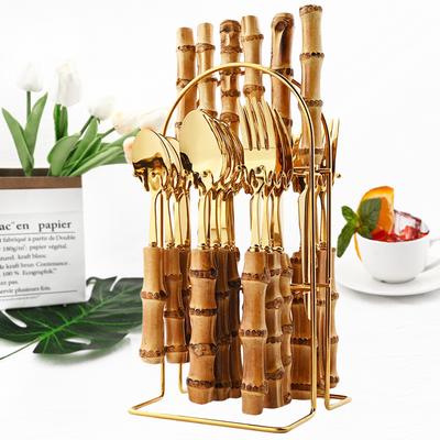 Juego de cubiertos con mango de bambú Natural, vajilla familiar de acero inoxidable, 24 Uds., con 1 soporte para cubiertos