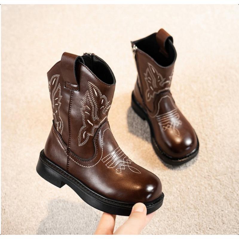Children's PU Leather Boots Classic Western Cowboy Embroidery Girls Long Booties Kids Autumn Round Toe Retro Shoes Botas Niña