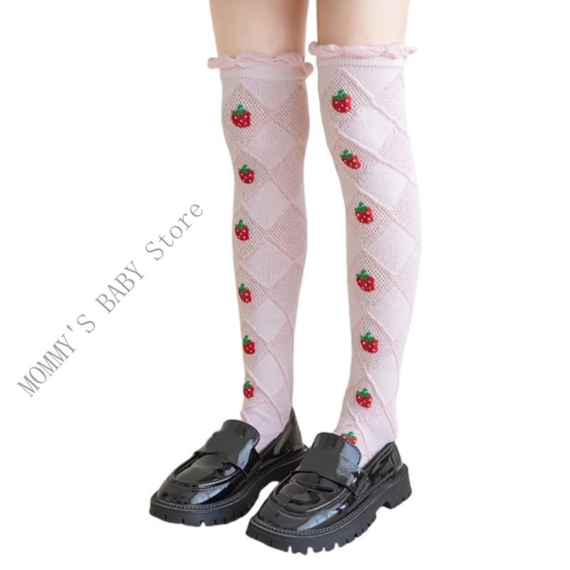 

H3CD Stylish Girls Over Knee Socks Lovely Strawberry Pattern Socks Fun and Fashionable Long Stockings for Ages 3-8T A рожевий