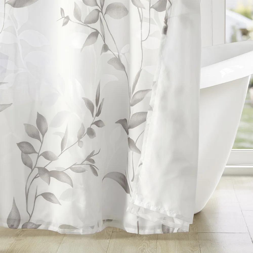 Elegant Gray Leaf Shower Curtain for a Modern Bathroom, Featuring Delicate Branches and Leaves On a Soft White Background