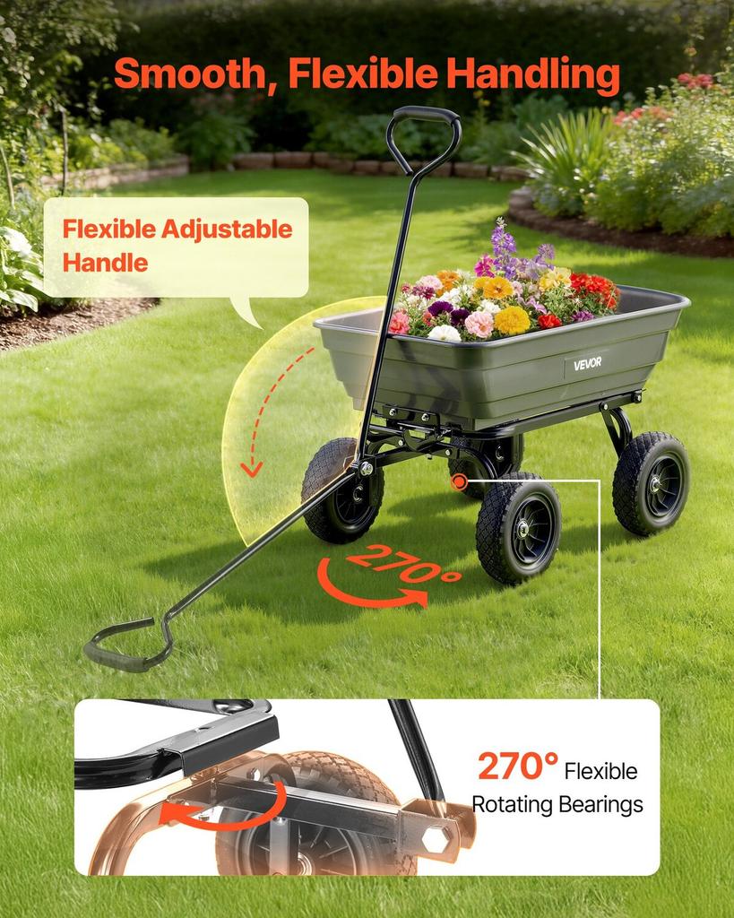 Garden Dump Cart, 272 kg Poly Dump Cart, Garden Carts Dumps Wagon with 90° Quick-Dumps Mechanism, 180° Swivel Wheels, 270° Flexible Rotating Bearings,