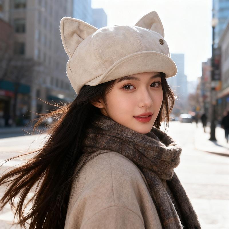 Korean Retro Suede Cat Ear Hat for Women Sweet and Cute Beret Autumn and Winter Face Showing Little Painter Octagonal Hat