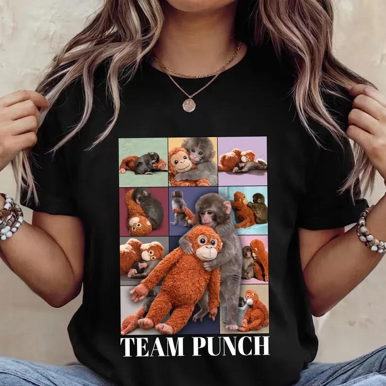Monkey Punch Graphic Shirt Baby Monkey Holding Plush Toy Tee Trendy Shirt Unisex T-Shirt XXL