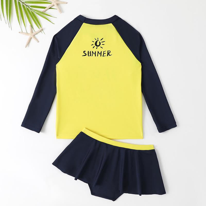 Girls' Long-Sleeved Split Swimsuit with Letter Print & Short Skirt - 2025 Collection