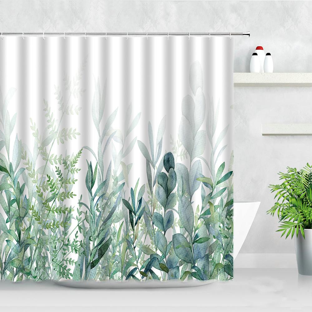 Natural Floral Shower Curtains Flowers Green Leaf Butterfly Water Color Art Nordic Modern Waterproof Bathroom Decor Curtain