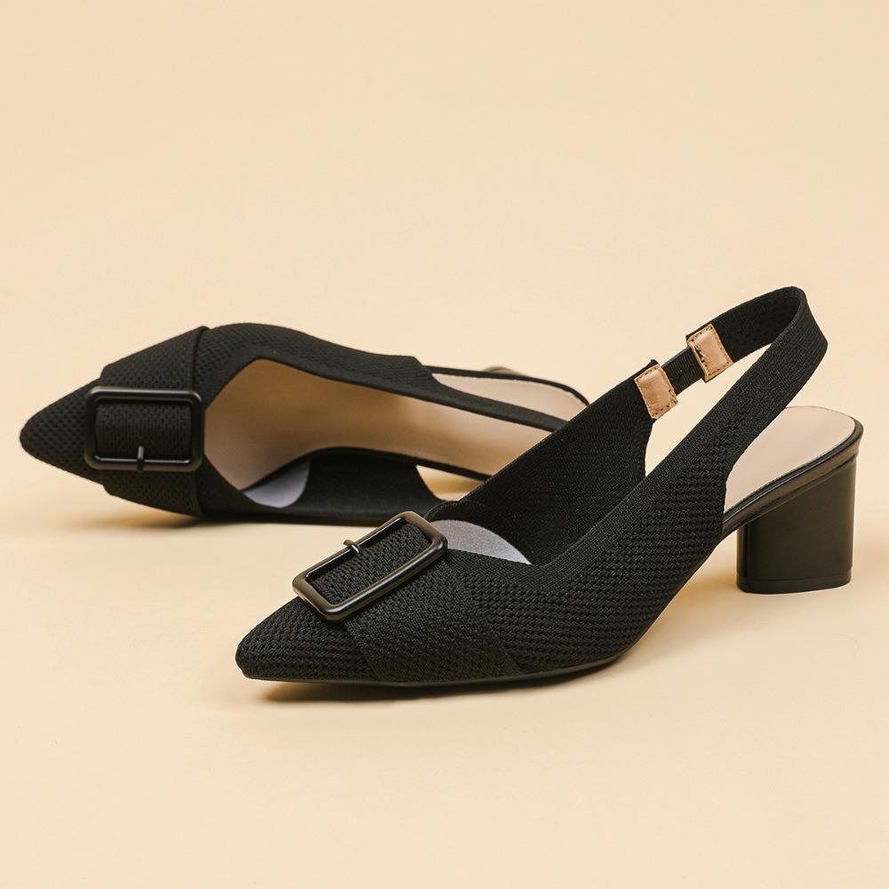 Fashion Sandals for Women 2025 Summer Pointed Shallow Mouth Knitted Hollow Breathable Buckle Thick Heel High-heeled Sandals Women's