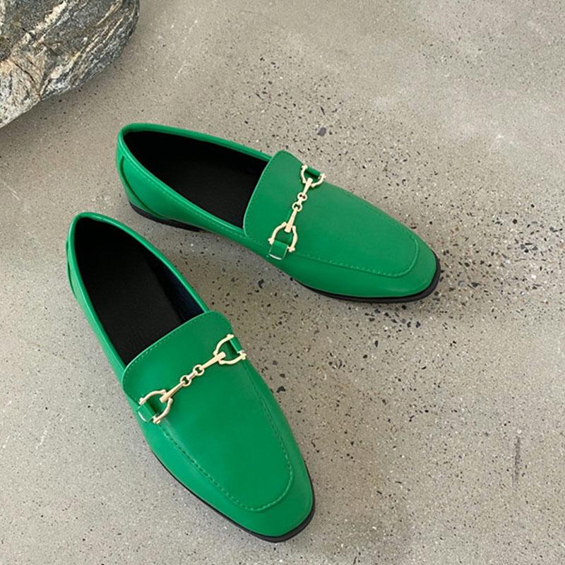 Fashion Comemore 2025 Spring Women Slip On Loafer Spring Fashion Ladies British Metal Flat Shoes Pumps Female Green Casual Leather Flats