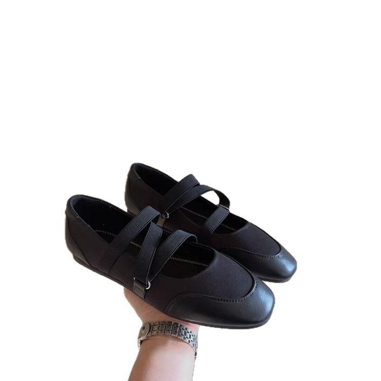 Shallow mouth flat bottom square head single shoes women's 2025 summer new cross strap ballet shoes French versatile Mary Jane shoes