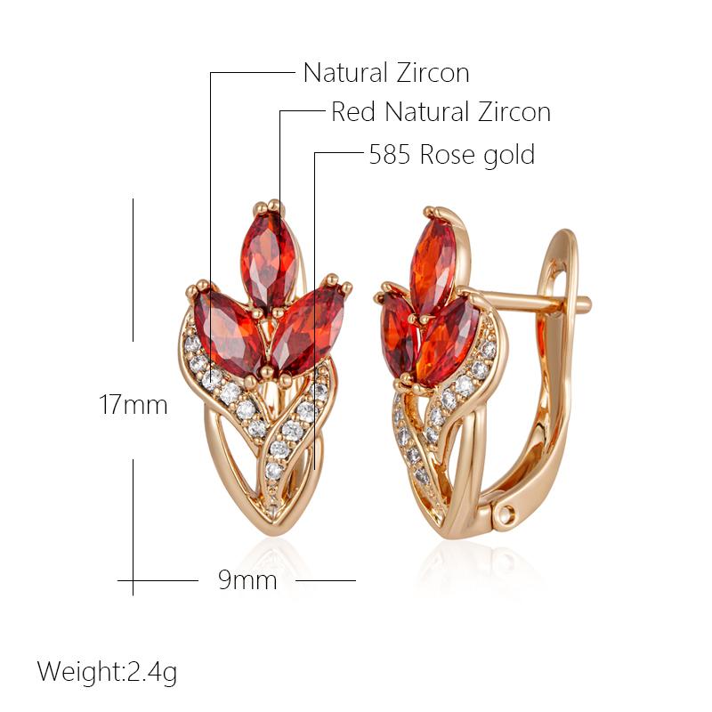 New  Rose Gold Color Crystal Leaf Drop Earrings For Women Red Natural Zircon Accessories Party Daily Vintage Jewelry